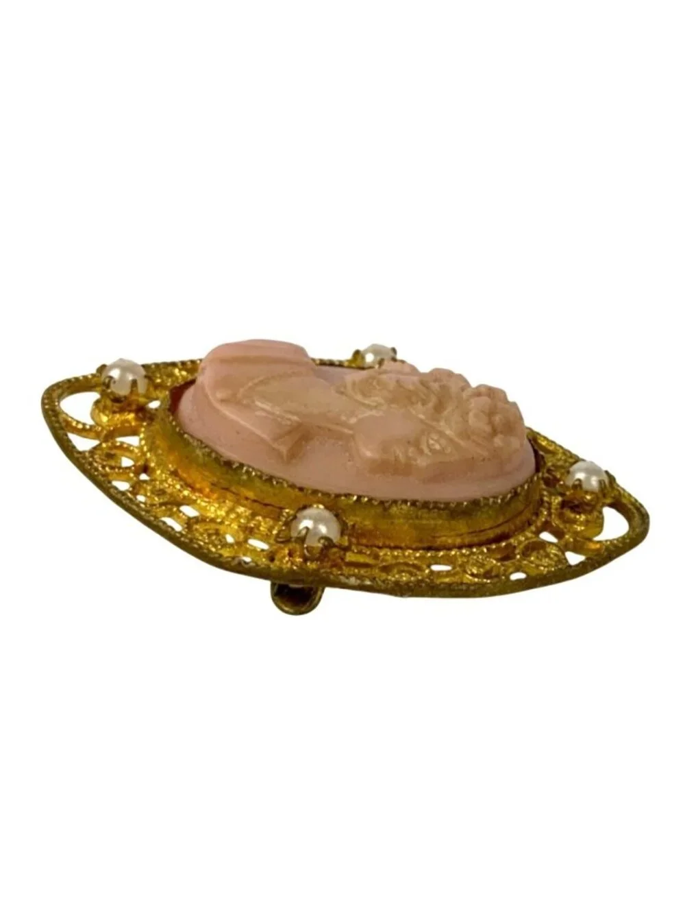 Antique Pink Molded Cameo Brooch Faux Seed Pearl Gilt Brass Pin Edwardian Era Je